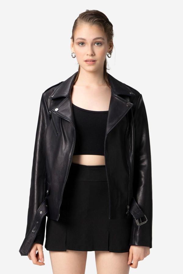 DERİCLUB Scarlett Kadın Jumbo Biker Hakiki Deri Mont LACİVERT - Image 1