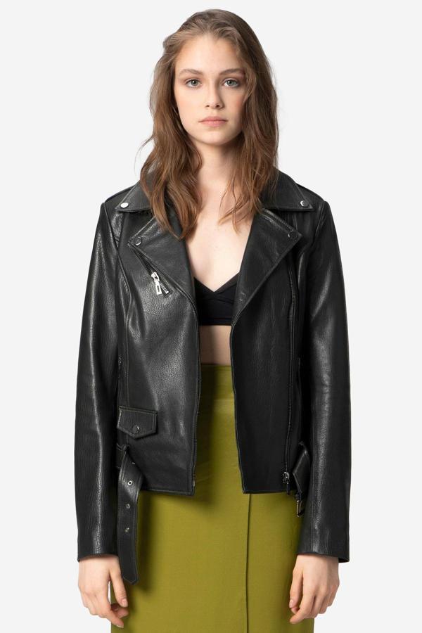 DERİCLUB Scarlett Kadın Jumbo Biker Hakiki Deri Mont YEŞİL - Image 1