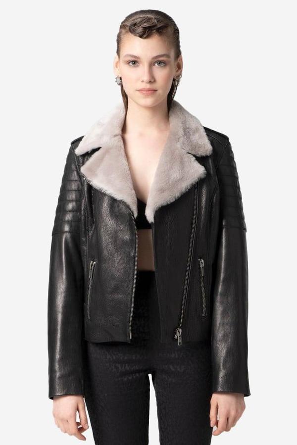 DERİCLUB K2370 JUMBO Gerçek Deri Yaka Kürklü Kadın Mont SİYAH - Image 1