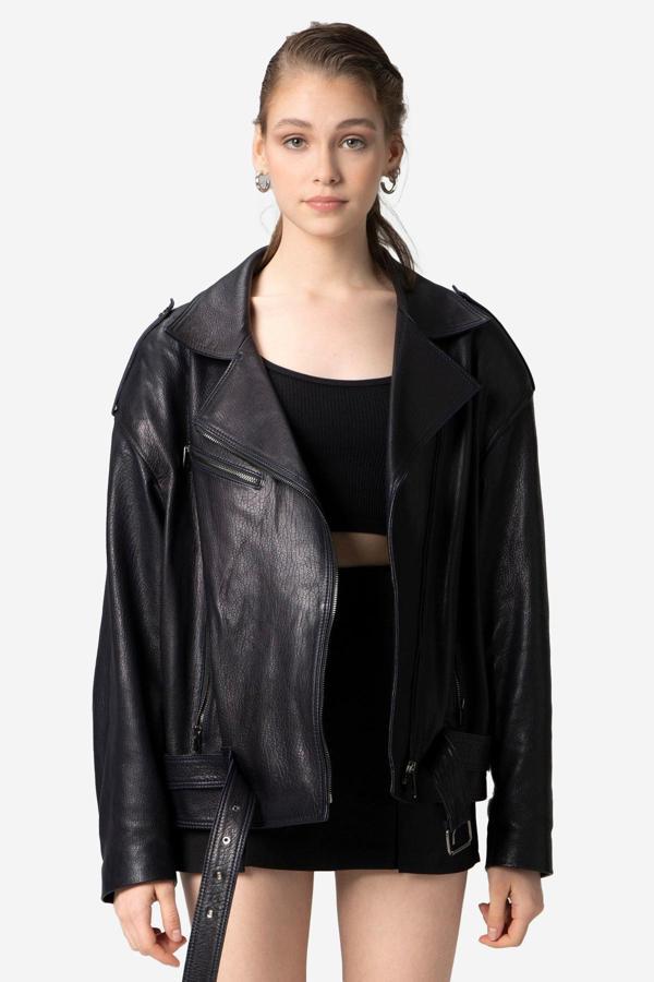 DERİCLUB Pamela Unisex Jumbo Oversize Biker Hakiki Deri Mont LACİVERT - Image 1
