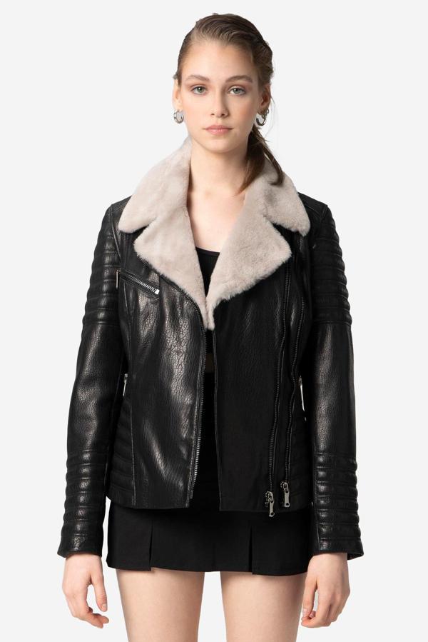 DERİCLUB Artemis Kadın Jumbo Yaka Kürklü Hakiki Deri Mont SİYAH - Image 1