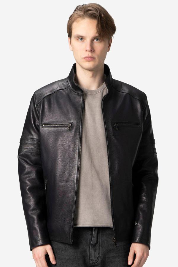 DERİCLUB Parma Erkek Jumbo Dik Yaka Hakiki Deri Mont LACİVERT - Image 1