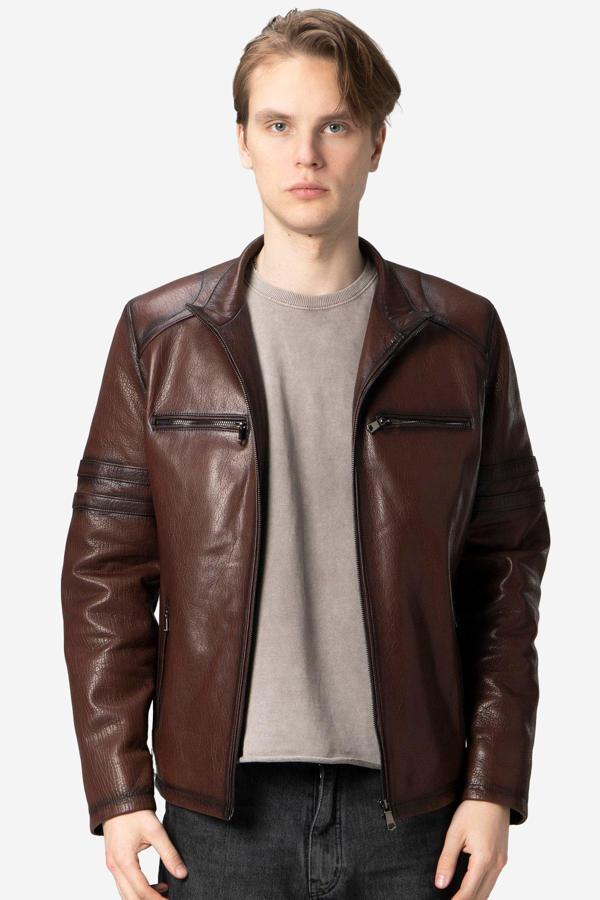 DERİCLUB Parma Erkek Jumbo Dik Yaka Hakiki Deri Mont FINDIK - Image 1