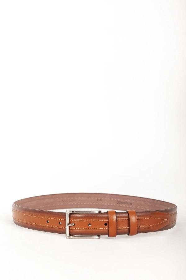 DERİCLUB Hakiki Deri El Yapımı Casual 3.5cm Çift Dikişli Erkek Klasik Kemer 511 TABA - Image 1