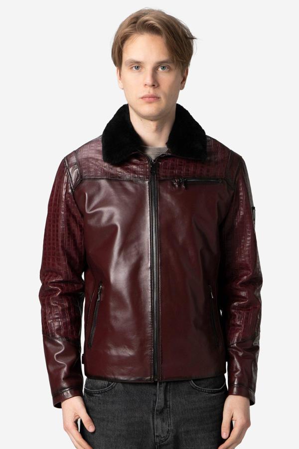 DERİCLUB Zaragoza Erkek Jumbo Yaka Kürklü Hakiki Deri Mont BORDO - Image 1