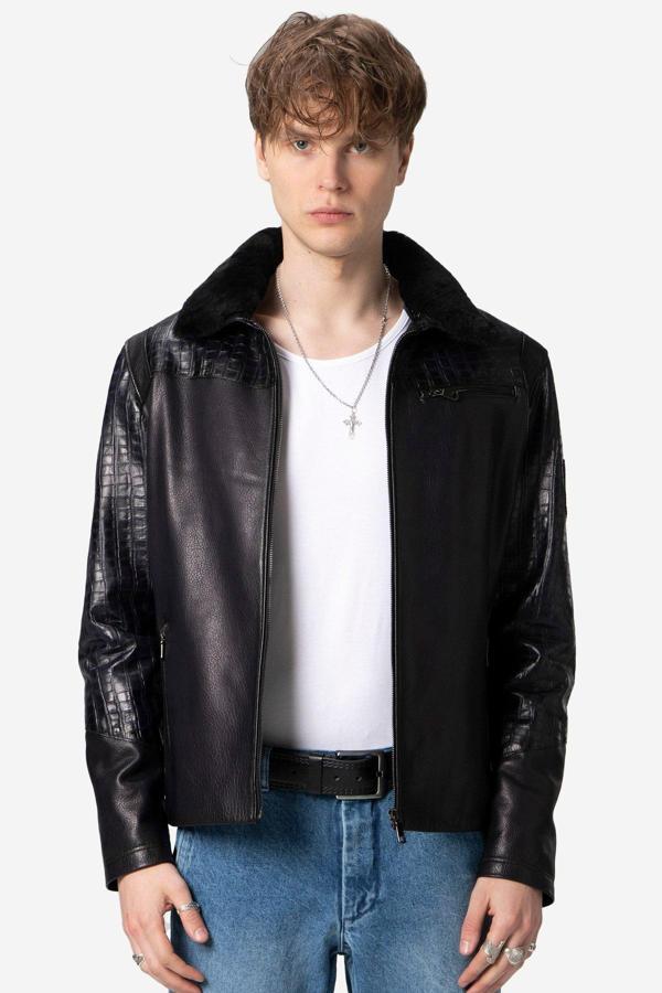 DERİCLUB Zaragoza Erkek Jumbo Yaka Kürklü Hakiki Deri Mont LACİVERT - Image 1