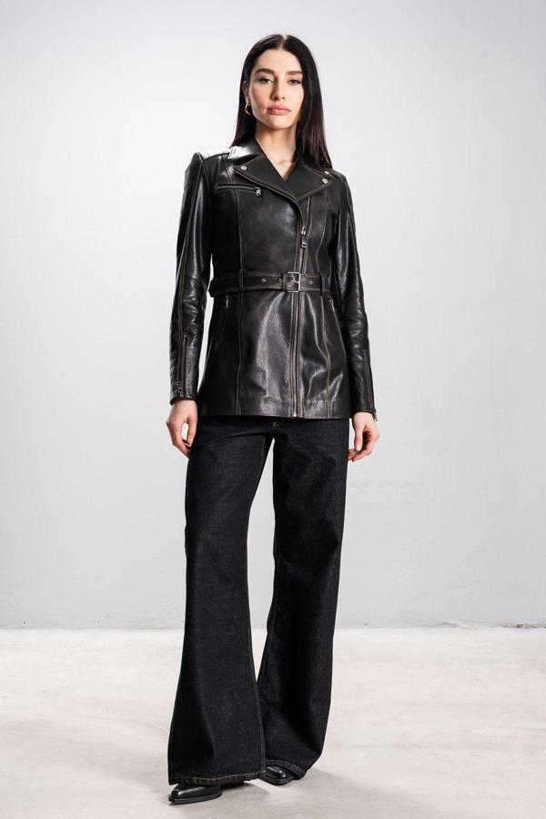 DERİCLUB Santa Kadın Kemerli Gerçek Deri Spor Mont SİYAH/GRİ - Image 1