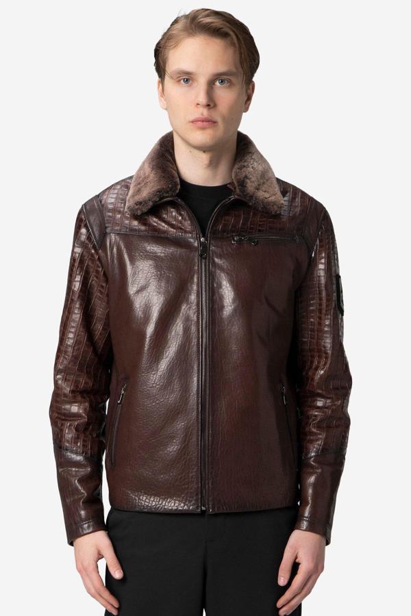 DERİCLUB Zaragoza Erkek Jumbo Yaka Kürklü Hakiki Deri Mont FINDIK - Image 1