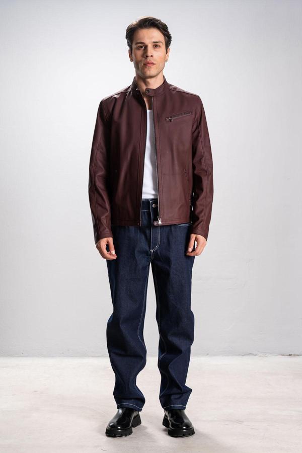 DERİCLUB Faenza Erkek Hakim Yaka Slimfit Gerçek Deri Mont BORDO - Image 1