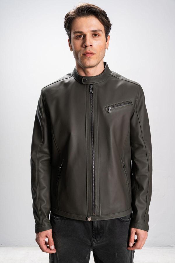 DERİCLUB Faenza Erkek Hakim Yaka Slimfit Gerçek Deri Mont YEŞİL - Image 1