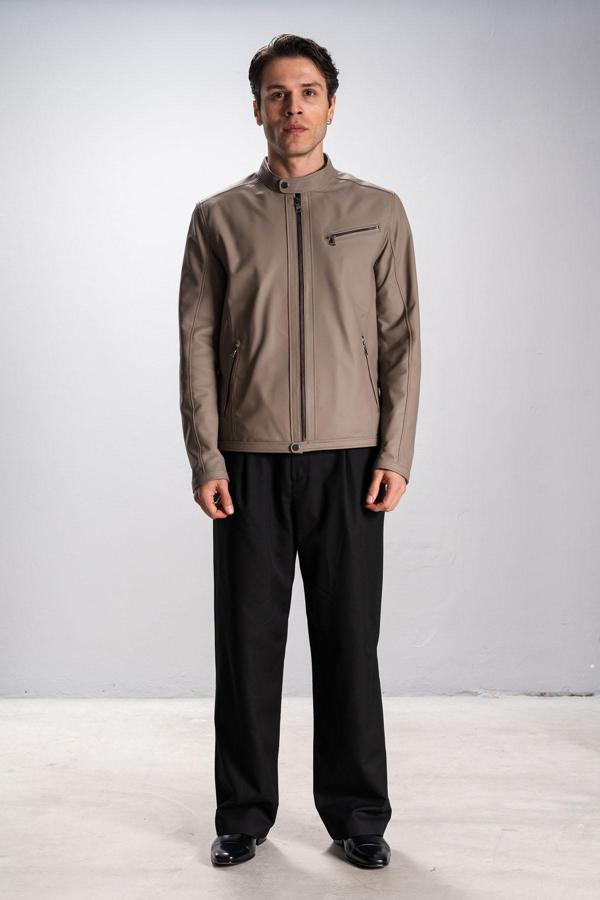 DERİCLUB Faenza Erkek Hakim Yaka Slimfit Gerçek Deri Mont VİZON - Image 1