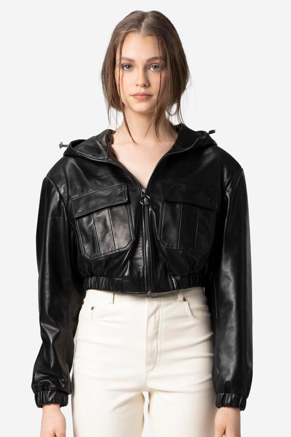 DERİCLUB Barbara Kadın Kapüşonlu Hakiki Deri Crop Mont SİYAH - Image 1