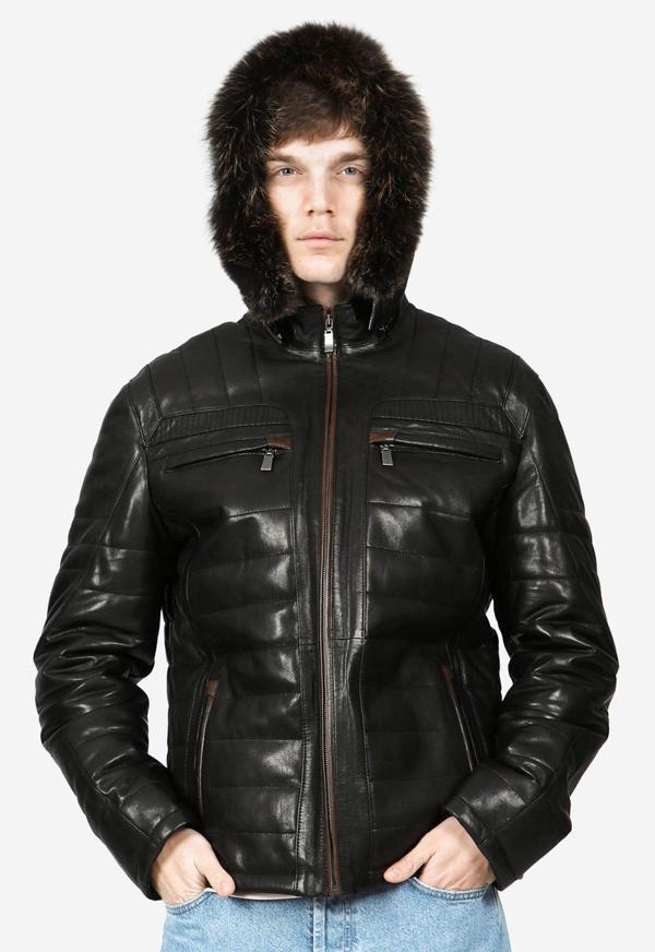 DERİCLUB E1039 Kapüşonlu VEJETAL Gerçek Deri Erkek Mont SİYAH - Image 1