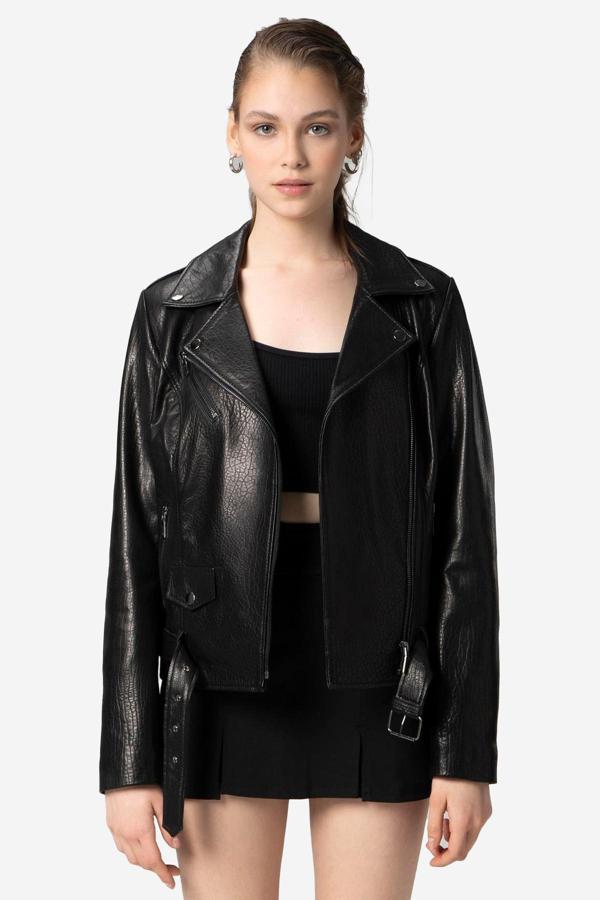 DERİCLUB Scarlett Kadın Jumbo Biker Hakiki Deri Mont SİYAH - Image 1