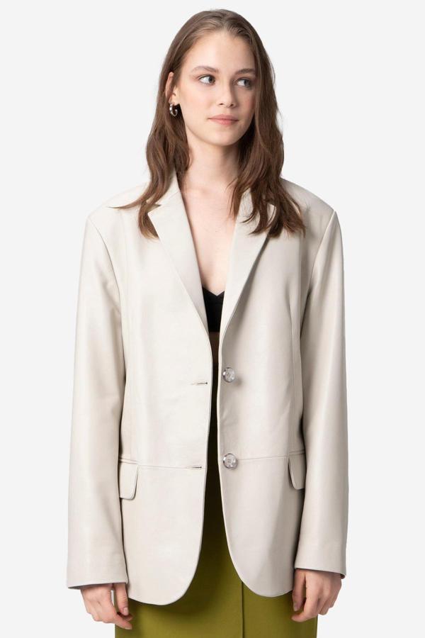 DERİCLUB Bloom Kadın Oversize Düğmeli Hakiki Deri Blazer Ceket BEJ - Image 1