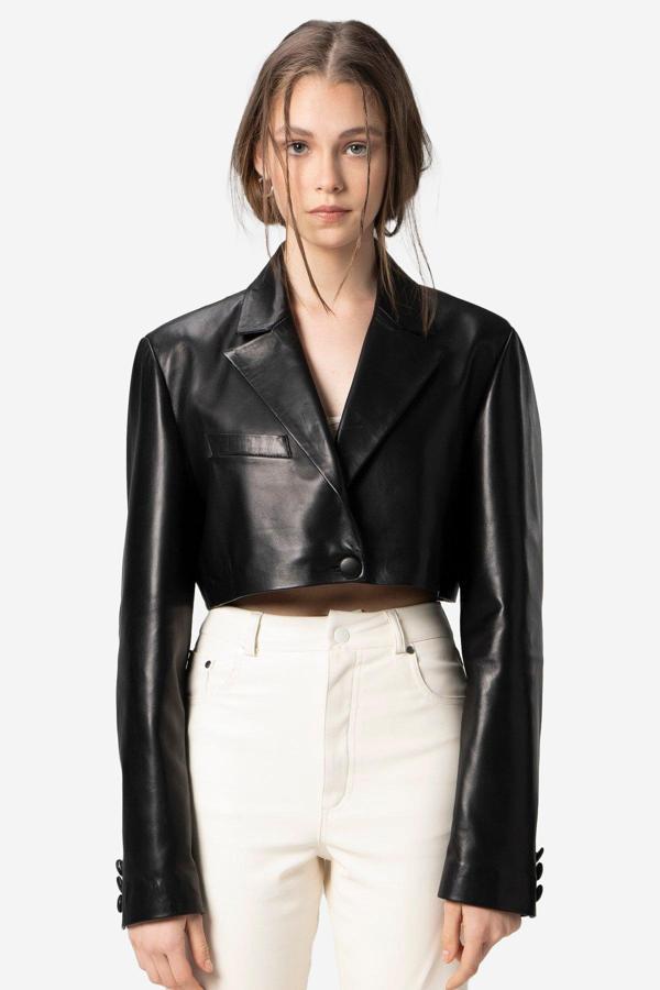 DERİCLUB Jasmine Kadın Crop Blazer Hakiki Deri Ceket SİYAH - Image 1