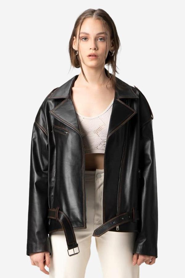 DERİCLUB Pamela Unisex Silme Oversize Biker Hakiki Deri Mont SİYAH/TABA - Image 1