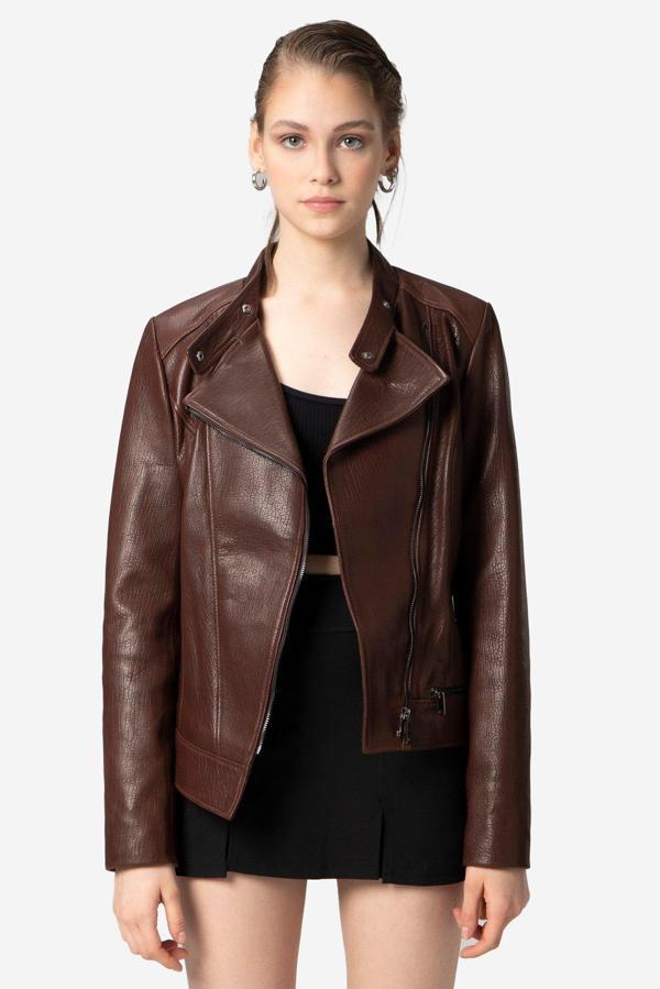 DERİCLUB WM046 JUMBO Gerçek Deri Kadın Mont FINDIK - Image 1