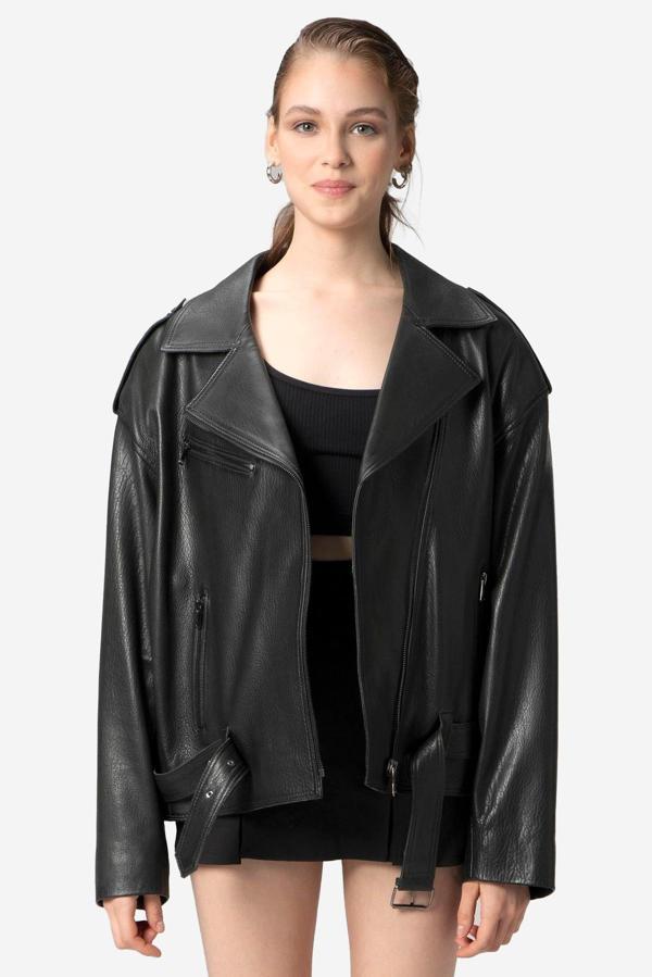 DERİCLUB Pamela Unisex Jumbo Oversize Biker Hakiki Deri Mont SİYAH - Image 1