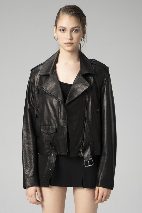 DERİCLUB VGN2 JUMBO Gerçek Deri Oversize Kadın Mont SİYAH - Image 1