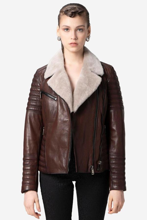 DERİCLUB Artemis Kadın Jumbo Yaka Kürklü Hakiki Deri Mont FINDIK - Image 1