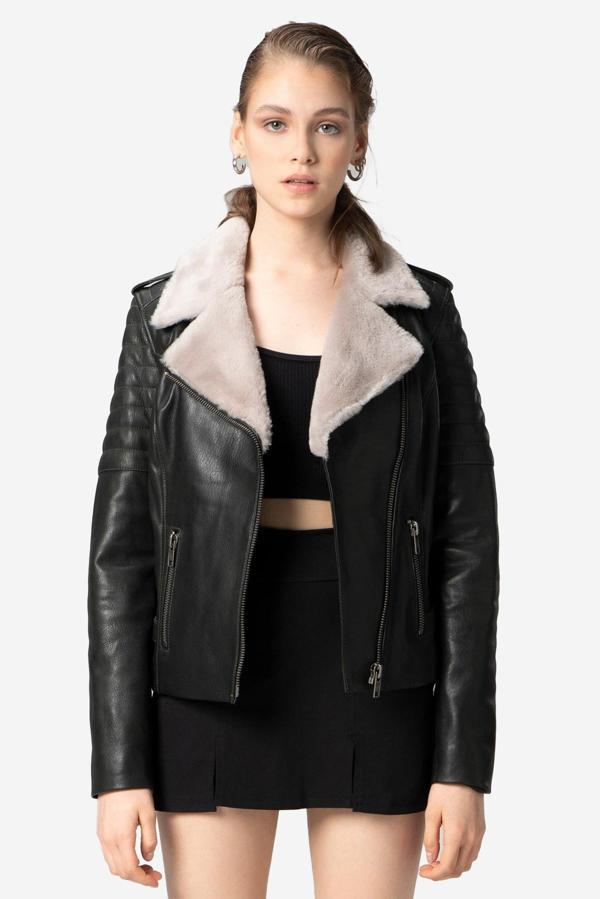 DERİCLUB K2370 JUMBO Gerçek Deri Yaka Kürklü Kadın Mont YEŞİL - Image 1