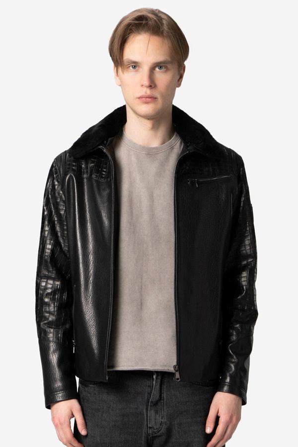 DERİCLUB Zaragoza Erkek Jumbo Yaka Kürklü Hakiki Deri Mont SİYAH - Image 1