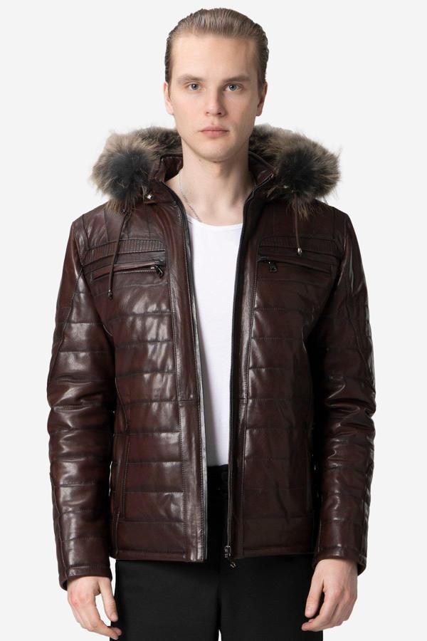 DERİCLUB E1039 Kapüşonlu VEJETAL Gerçek Deri Erkek Mont KIZIL - Image 1