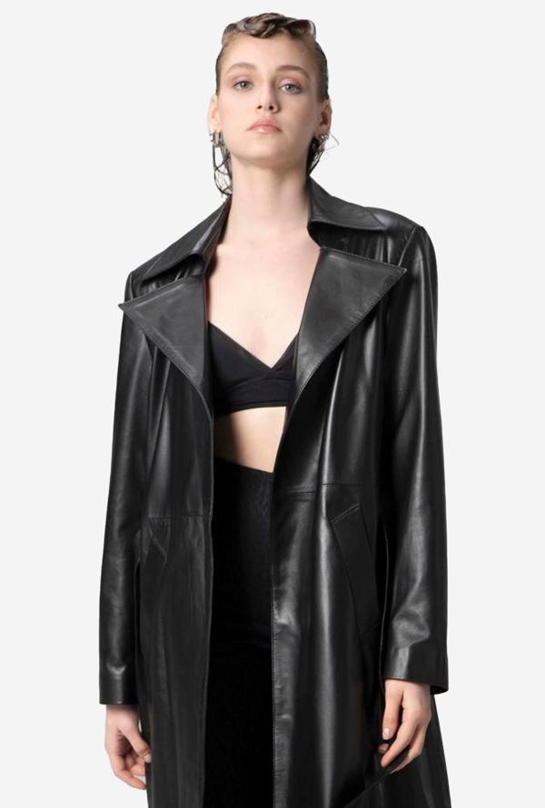 DERİCLUB WM030 Hakiki Deri Kadın Uzun Trençkot SİYAH - Image 1