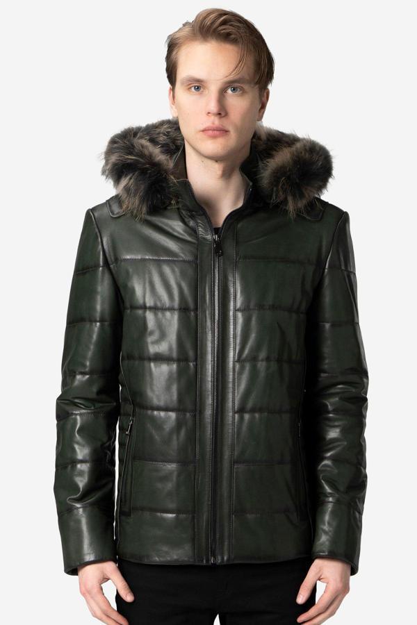 DERİCLUB E2208 VEJETAL Kapüşonlu Şişme Gerçek Deri Erkek Kaban YEŞİL - Image 1