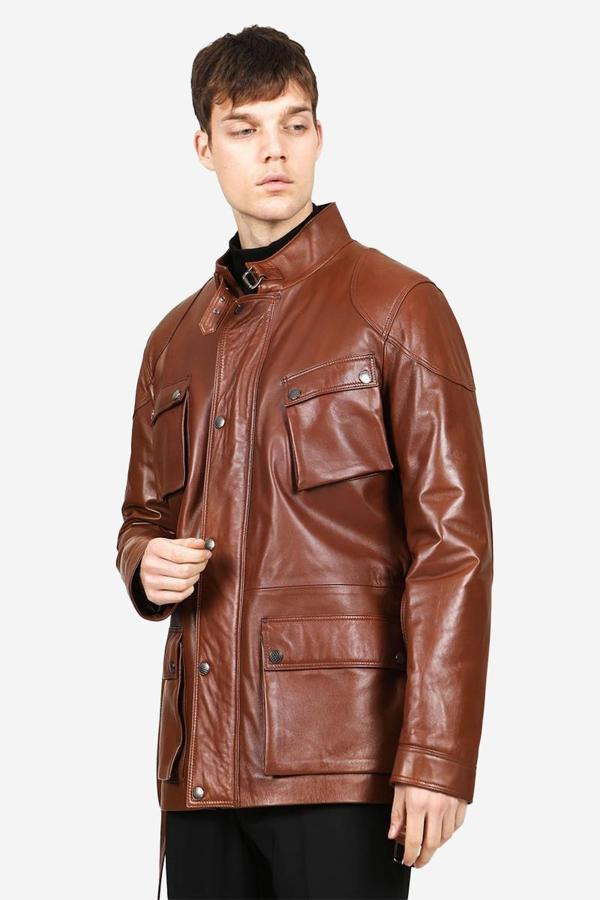 DERİCLUB Lincoln Erkek Dik Yaka Kemerli Hakiki Deri Trençkot VİSKİ - Image 1