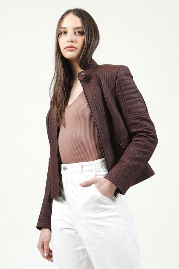 DERİCLUB YB1055/P GUMMY Petek Desen Gerçek Deri Kadın Mont BORDO - Image 1