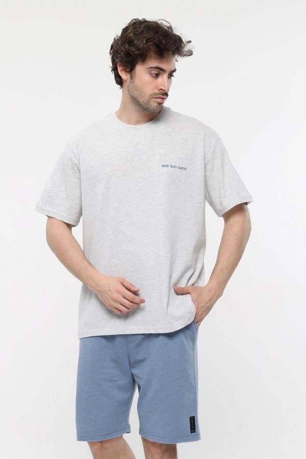 Defys Erkek Baskılı Kısa Kollu Bisiklet Yaka Oversıze Tişört Kar Melanj - Image 1