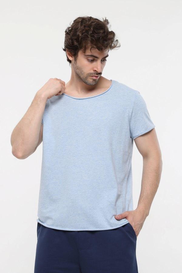 Defys Erkek Kısa Kollu Kayık Yaka Pis Uçlu Tişört Mavi Melanj - Image 1