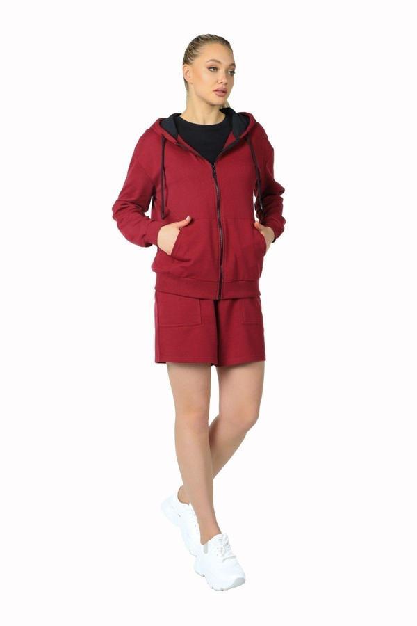 Defys Kadın Kapüşonlu Fermuarlı Sweatshırt Bordo - Image 1