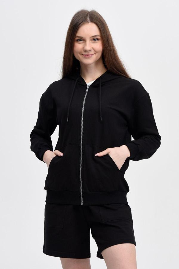 Defys Kadın Kapüşonlu Fermuarlı Sweatshırt Siyah - Image 1