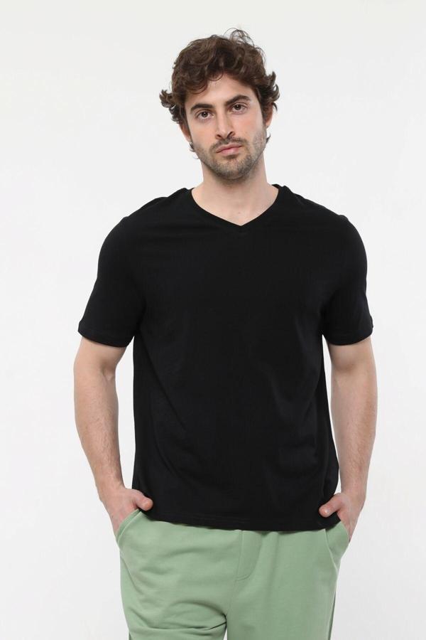 Defys Erkek Kısa Kollu V Yaka Tişört Siyah - Image 1