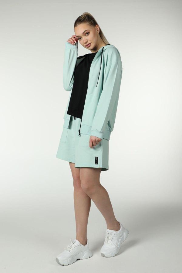 Defys Kadın Kapüşonlu Fermuarlı Oversıze Kalıp Sweatshırt Su Yeşili - Image 1