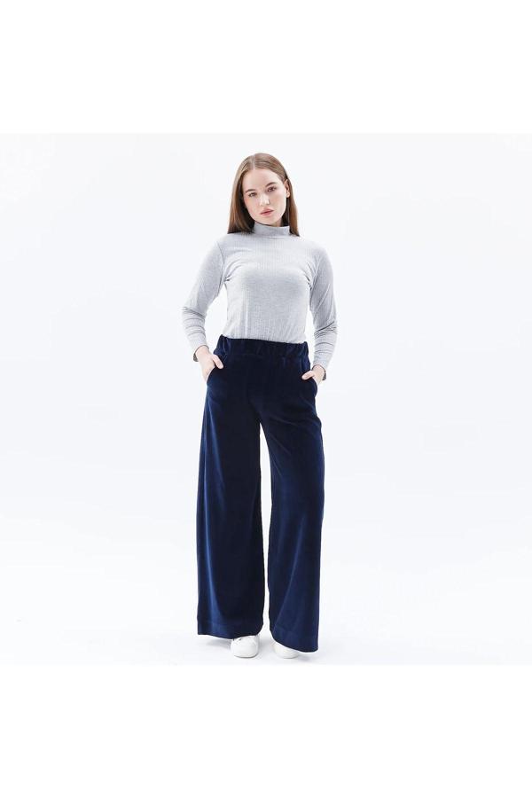 Defys Kadın Kadife Oversize Bol Paça Pantolon Lacivert - Image 1