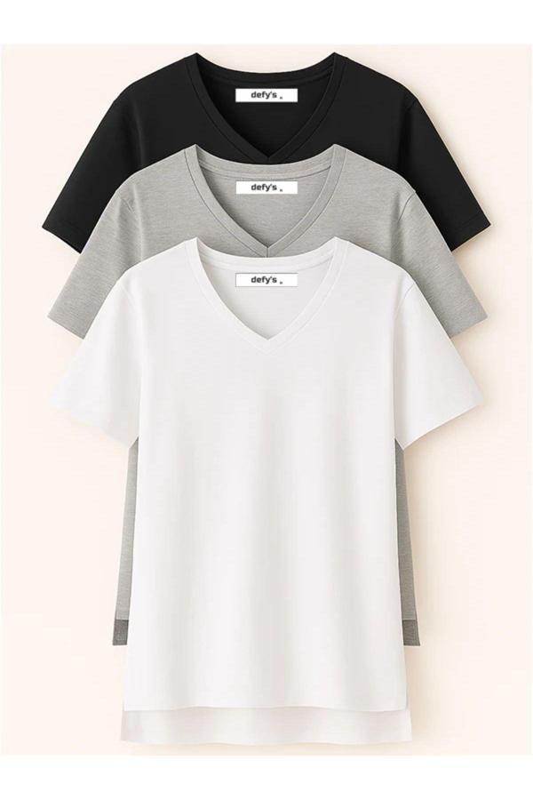 Defys Kadın 3'Lü Basic Regular Fit V Yaka Arkası Uzun Tişört Seti - Image 1