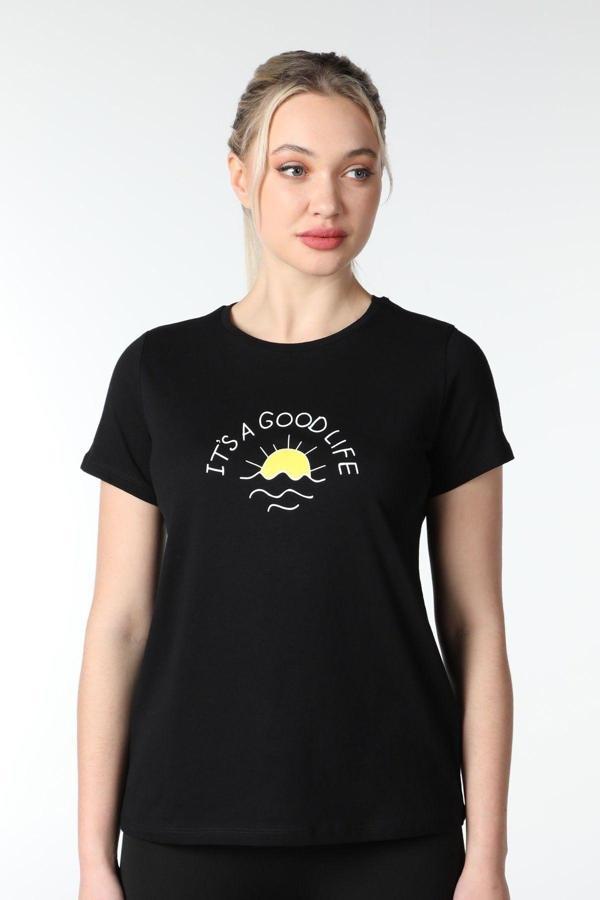 Defys Kadın Baskılı Kısa Kollu Bisiklet Yaka Tişört Siyah - Image 1