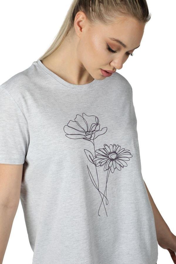 Defys Kadın Baskılı Kısa Kollu Arka Oval Bisiklet Yaka Tişört Kar Melanj - Image 1