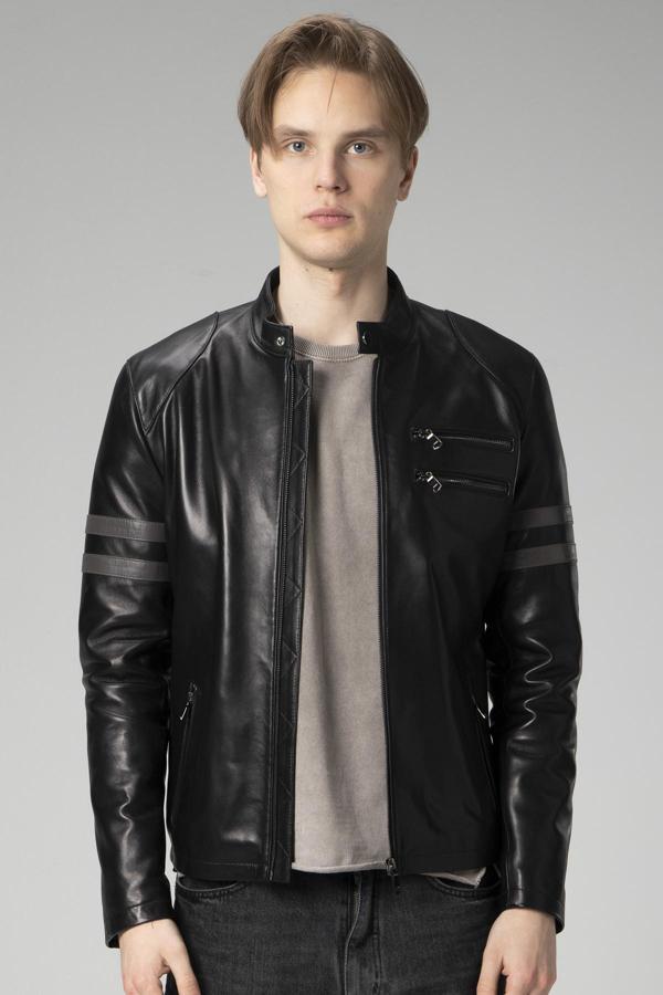 DERİCLUB Nantes Erkek Hakim Yaka Slim Kesim Hakiki Deri Mont SİYAH - Image 1