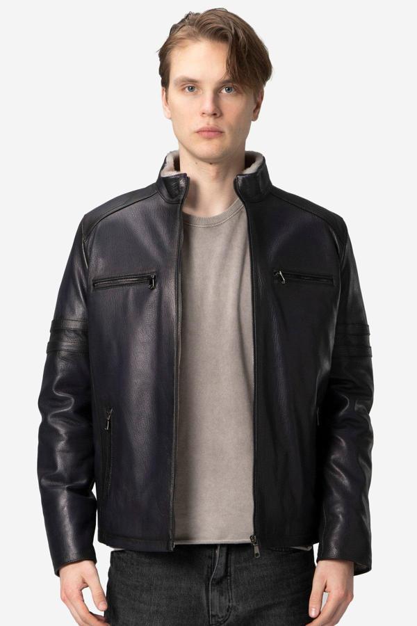 DERİCLUB Parma Erkek Jumbo İçlikli Dik Yaka Hakiki Deri Mont LACİVERT - Image 1