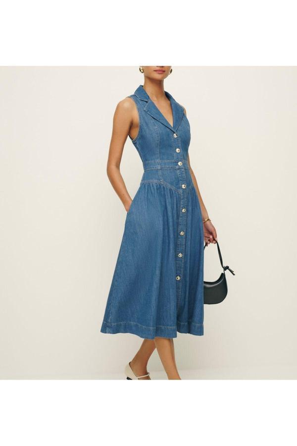 Vera Tekstil Kadın , Mavi , Ceket Yaka Gold Düğmeli Kolsuz  Denim Midi Boy Elbise - Image 1