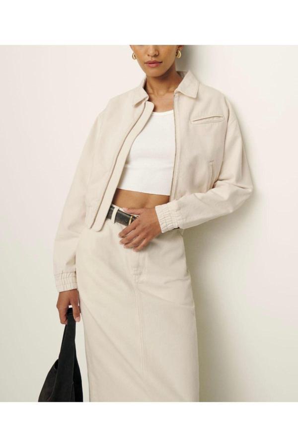 Vera Tekstil Kadın, Açık Bej Rengi , Kısa Bomber Denim Ceket - Image 1