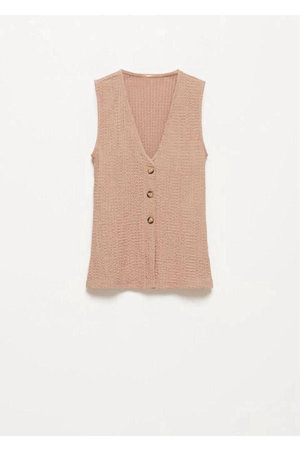 Vera Tekstil Kadın Vizon V Yaka Bürümcük Kumaş Düğmeli Yazlık Şık Yelek - Image 1