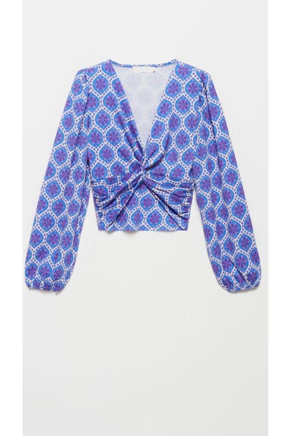 Vera Tekstil Kadın,Mor Çiçek Desenli,Kruvaze Yaka,Balon Kol Bluz - Image 1