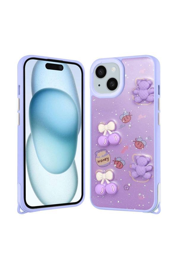 20068310 Apple İphone 15 İle Uyumlu Kılıf Parlayan Sıvılı Simli Kabartma Figürlü Kapak - Image 1