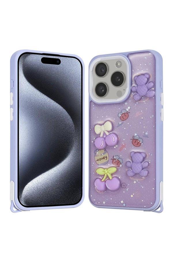 20068310 Apple İphone 15 Pro İle Uyumlu Kılıf Parlayan Sıvılı Simli Kabartma Figürlü Kapak - Image 1